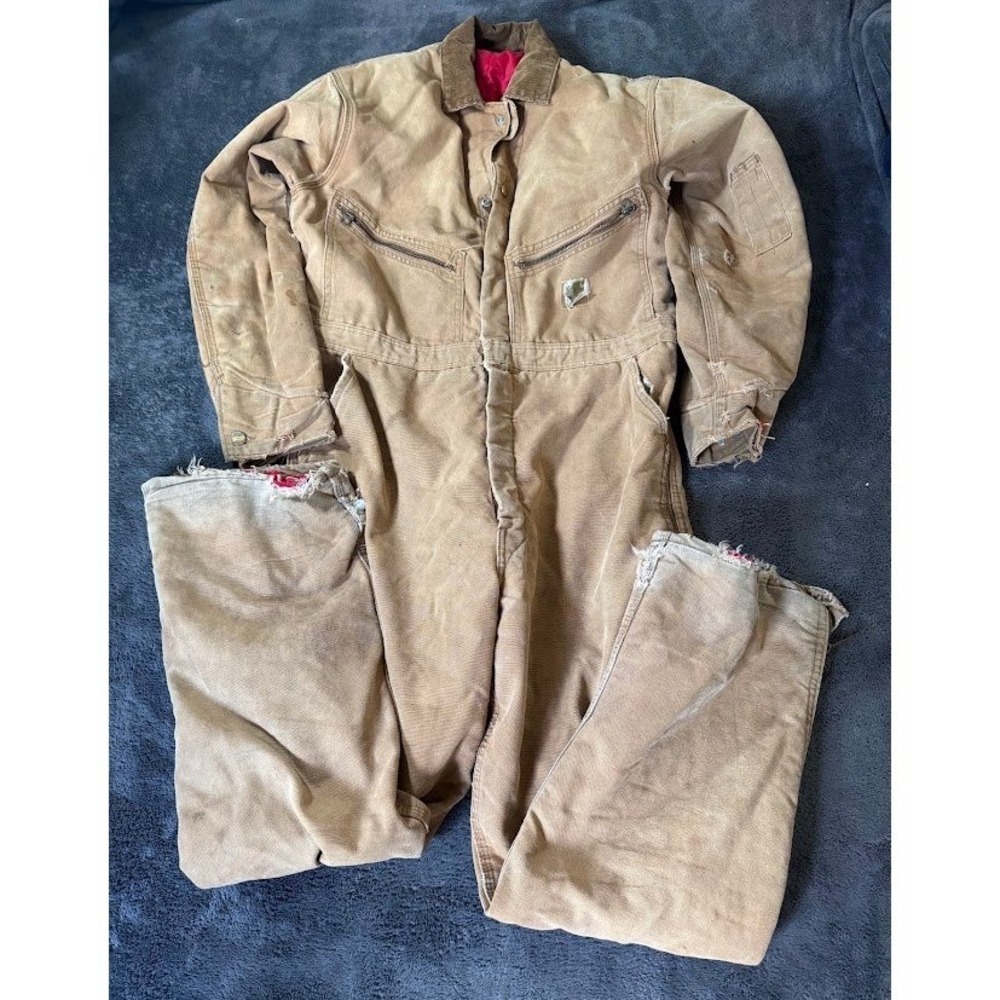 Vintage Carhartt 9960Z Insulated Duck Canvas Coveralls Tan 40R Distressed USA